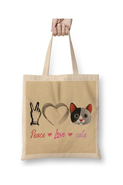 Toyaso Peace Love Cats Λευκή υφασμάτινη τσάντα με μακριά λαβή Τσάντα αγορών Τ...