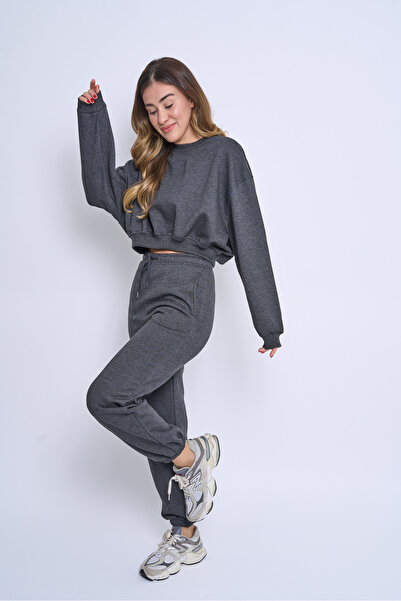 EMBA KORSE Γυναικείο σετ αθλητικής φόρμας Cotton Inside Ş επένδυση fleece Crew Neck Crop 3 Thread