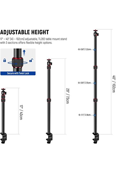 NEEWER TL283 Camera Desk Mount with 360° Ball Head, 17"-40" (43-102cm) Telescopic C-Clamp Stand