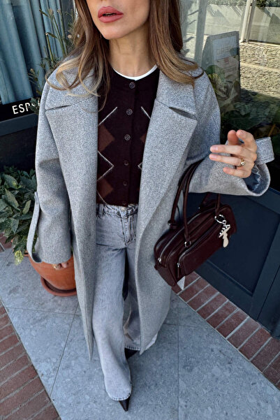 Sue Store Gray Belted Lined Oversized Sleeve Detail Wool Coat