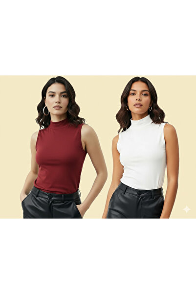 TRİYA FASHİON Zero Sleeve 2-Piece Women's Turtleneck Badi (Burgundy-White)