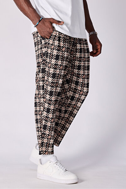 Superbluemexico Unisex Jacquard Patterned Pleated Baggy Trousers