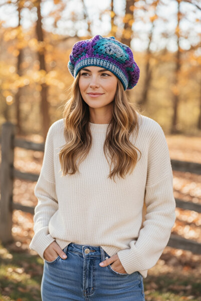 Satürn Hobi Sparkling Bohemian Painter Beret with Knitted Motifs