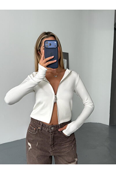 BEJNA Women's Ecru Finger Detailed Double Zippered Hooded Modal Cardigan