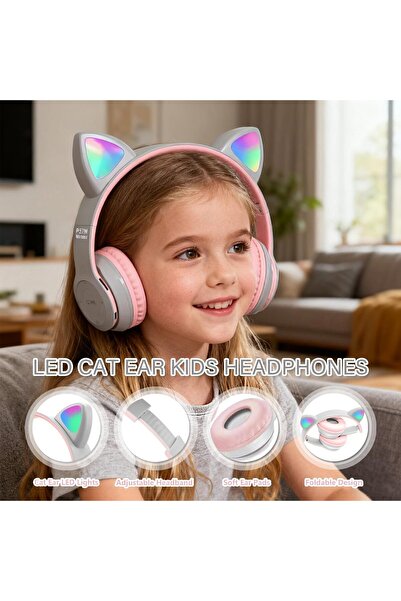VALA Kids Wireless Over-Ear Headphones with Cat Ear LED Light, Microphone, TF Card (Grey)