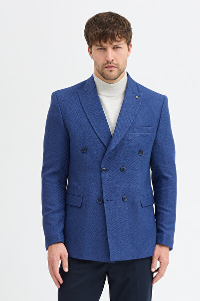 Frappoli Pompillo Мъжко отворено тъмносиньо сако с двойно закопчаване, заострена яка, тясна кройка и шарки