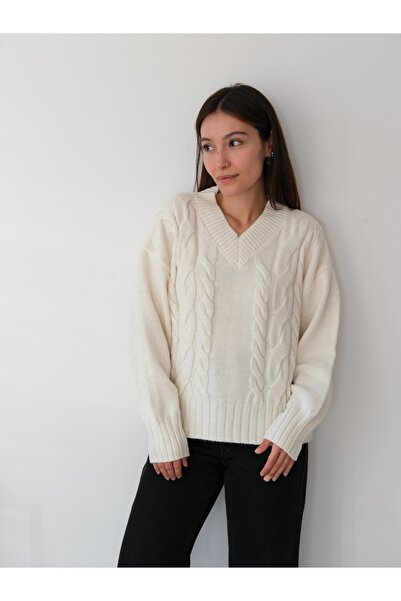 SolQ supradimensionat Pulover elegant pentru femei, cu decolteu în V, cu textura moale, elegant, tricotat