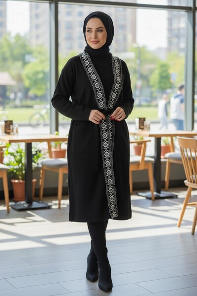 Kamalı Winter Coat Cardigan Patterned Belted Hijab Knitwear Cardigan
