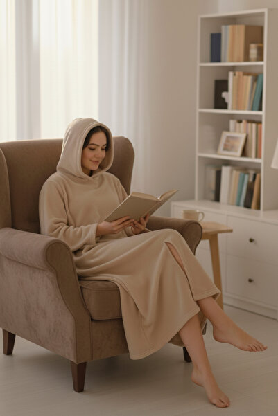Mislina Home Serona Wellsoft Plush Hooded Long Poncho Soft Textured Wearable Tv Blanket |   Beige
