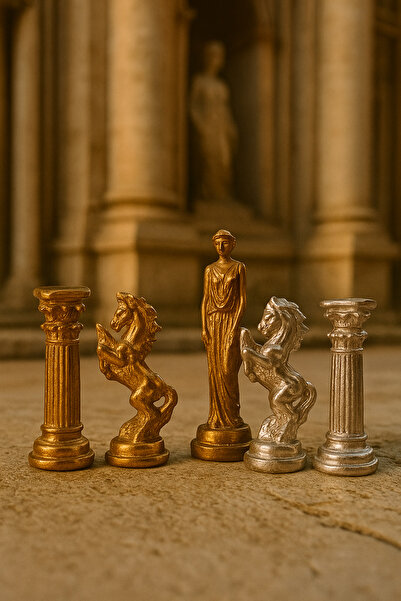 ŞIK VE MUTLU Helenistik El Yapımı Kalaylı Dekoratif Satranç Taş Figürleri Kraliçe Atlar 5 Parça