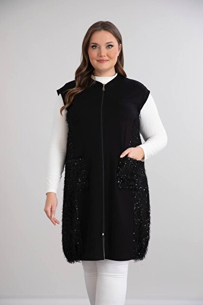 Butik Ayseba Women's Black Plus Size Sequin Detailed Zippered Pocket Vest