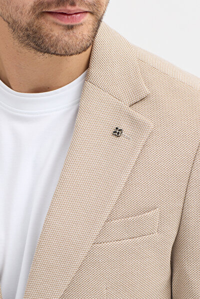 Frappoli Dorra Men's Beige Cotton Blended Stretch Fabric Dobby Mono Collar Sport Slim Fit Blazer Jacket