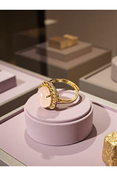 Taş-Mir خاتم من حجر الكوارتز الوردي الطبيعي بلون ذهبي قابل للتعديل