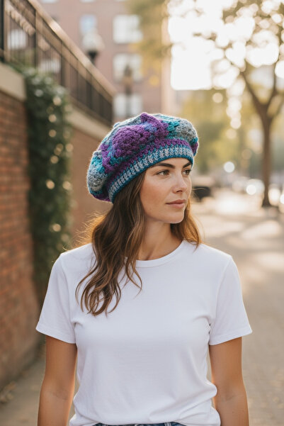 Satürn Hobi Sparkling Bohemian Painter Beret with Knitted Motifs