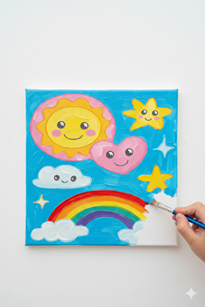 dudugift OKUL Etkinliği 20x20 Resimli Tuval Çocuk Boyama Seti-Gökkuşağı_model...