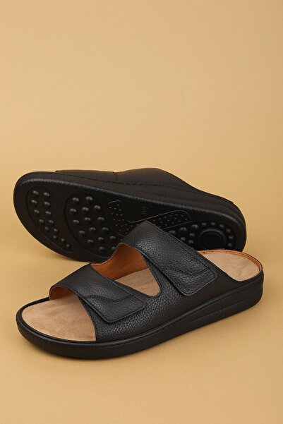 Gondol Men's Genuine Leather Special Velcro Slippers with Removable Soles Rl.5300 Black