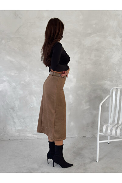 MİSPİER Slit Suede Skirt with Belt