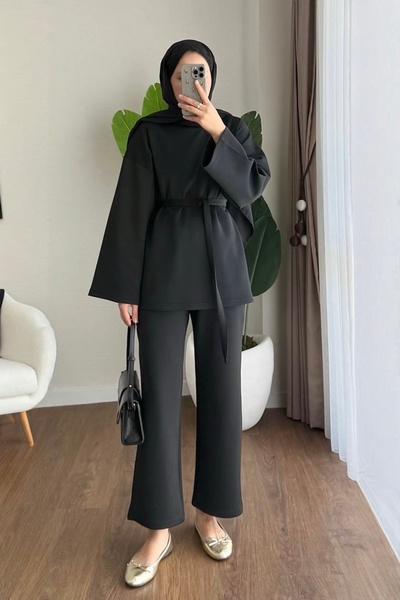 AKIZER طقم حجاب نسائي من قماش السكوبا مكون من قطعتين باللون الأسود