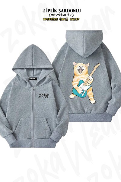 ZOKAWEAR Cardigan unisex Rock Roll Kitten cu imprimeu supradimensionat cu glu...