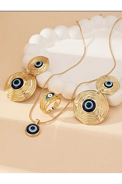 beyna aksesuar Gold Plated Floral Evil Eye Beaded Necklace Earring Ring Set Gift Set Valentine's Day Gift Gift for Mother