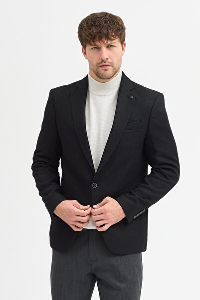 Frappoli Max Hasır Men's Black Patterned Polyviscose Fabric Slim Fit Sports Blazer Jacket