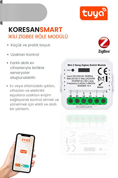koresan Mini İkili Zigbee Tuya Röle Anahtar Modülü + RF Alıcılı