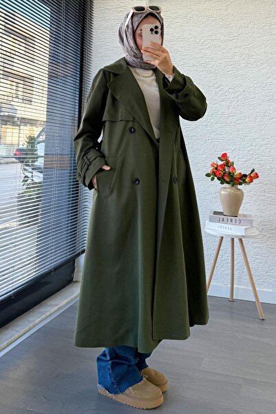 MELEK ARAZ Premium Dört Düğmeli Oversize Kadın Trençkot - Haki