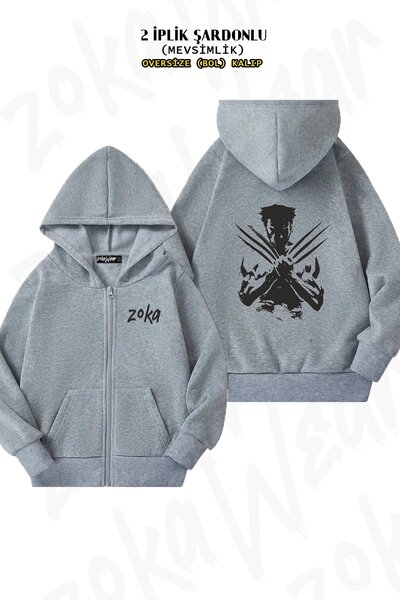 ZOKAWEAR سترة يونيسكس وولفرين مطبوع قصة فضفاضة مطبوع بسحاب وقلنسوة