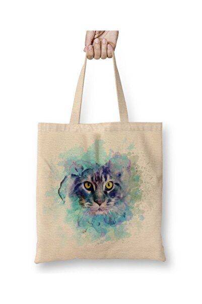 Toyaso Color Cat Πολύχρωμη τσάντα γάτας Λευκή υφασμάτινη τσάντα με μακρύ χερο...