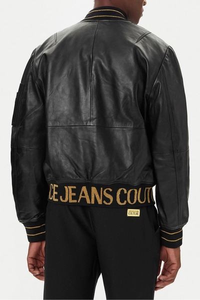 Versace Men's Regular Fit Gold Jacquard Ribbed Leather Bomber Jacket - Black