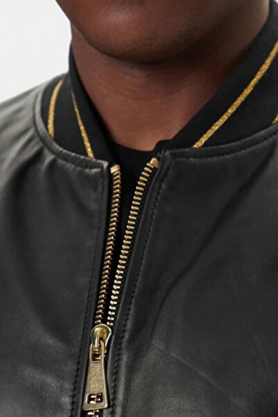Versace Men's Regular Fit Gold Jacquard Ribbed Leather Bomber Jacket - Black