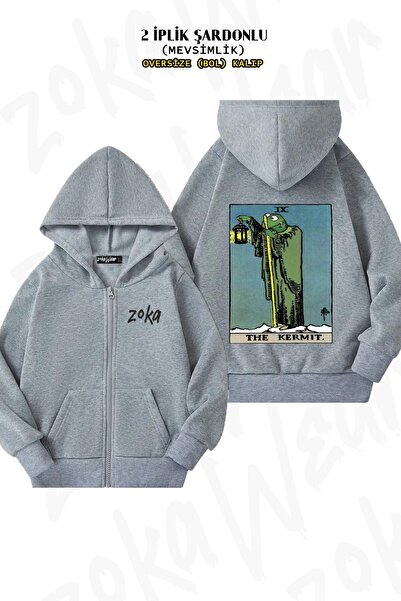 ZOKAWEAR Унісекс The Kermit Tarot з принтом Oversize з принтом на спині, на блискавці, з капюшоном