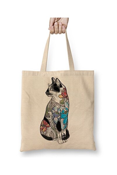 Toyaso Πολύχρωμες γάτες με λουλούδια λευκή υφασμάτινη τσάντα με μακριά λαβή Τ...