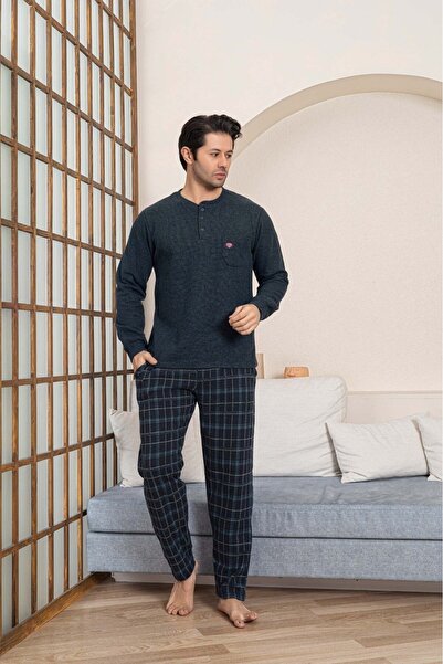 GUAVA+ Petrol Blue 3 Button Chest Pocket Winter Cotton Thessaloniki Fabric Long Cuffed Sleeve Pajama Set with Pockets