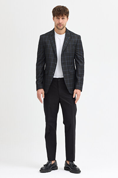 Frappoli Naldo Men's Black-Blue Plaid Patterned Polyviscon Fabric Slim Fit Sports Blazer Jacket