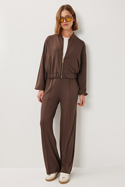 Lovelyİstanbul Fermuarlı Sweatshirt Pantolon Örme Takım LCI0052 KAHVERENGİ