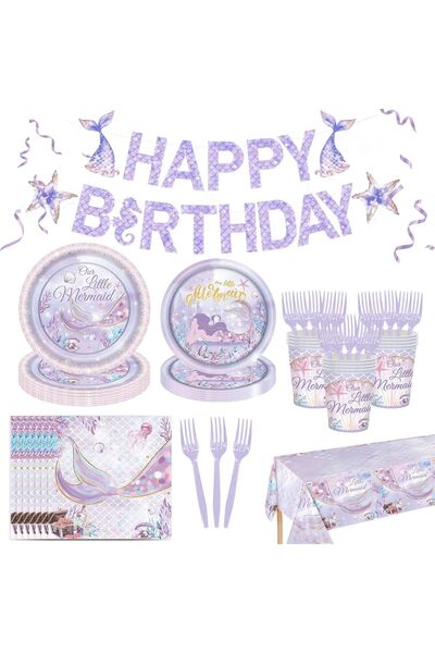 KASTWAVE 102 PCS Mermaid Birthday Decorations Set - Plates, Napkins, Cups, Tablecloth & Banner (Serv