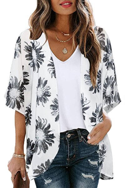 KASTWAVE Women's Floral Print Puff Sleeve Kimono Cardigan Loose Cover Up Casual Blouse - Daisy White