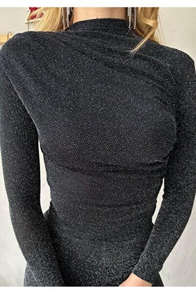 Elaxi Kadın Simli Drapeli Yarım Balıkçı Yaka Bluz