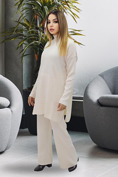 CLOUDY WEAR&DESİGN Women's Mock Neck Tunic Bottom Top Knitwear Set