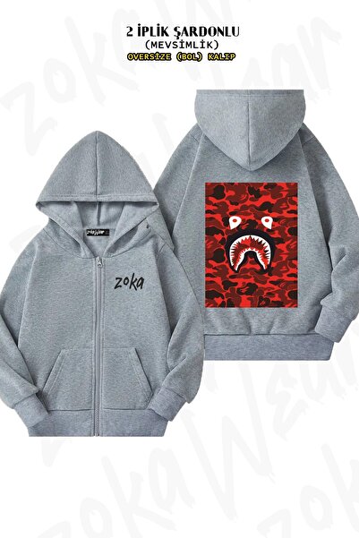 ZOKAWEAR Унісекс Червоний Bape Shark з принтом Oversize з принтом на спині, на блискавці, з капюшоном