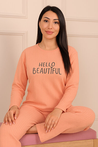 Niket Life Women's Hello Beautiful Embroidered and F Corded Fabric Crew Neck Long Sleeve Six-Foot Long Cotton Pajama Set