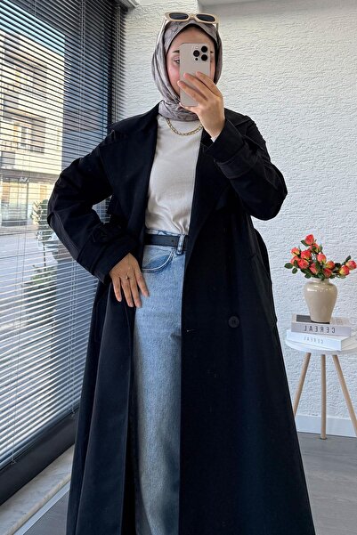 MELEK ARAZ Premium Dört Düğmeli Oversize Kadın Trençkot - Siyah