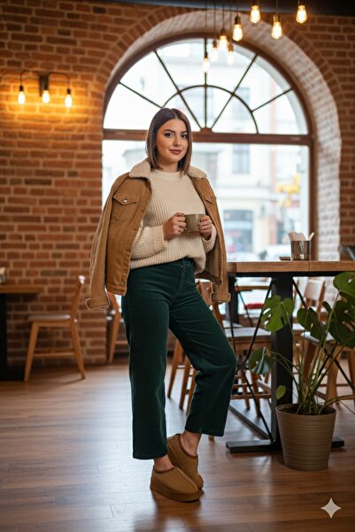 Deniz Terlik Women's Brown Fur-Lined Thick Sole Slippers | Home and Outdoor Boots | Platform Slippers