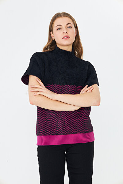 Brevia Pink Black Zigzag Pattern Half Fisherman Short Batwing Sleeve Women Knitwear Angora Sweater