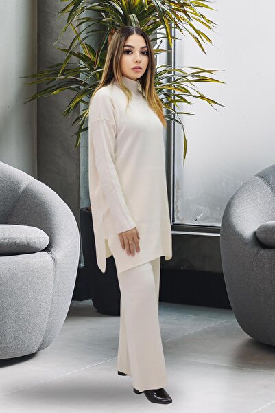 CLOUDY WEAR&DESİGN Women's Mock Neck Tunic Bottom Top Knitwear Set