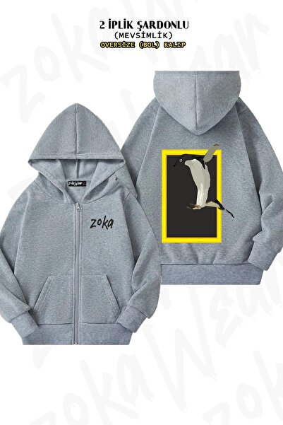 ZOKAWEAR Унісекс Nat Geo з принтом пінгвіна в повітрі, оверсайз, з принтом на спині, на блискавці, з капюшоном