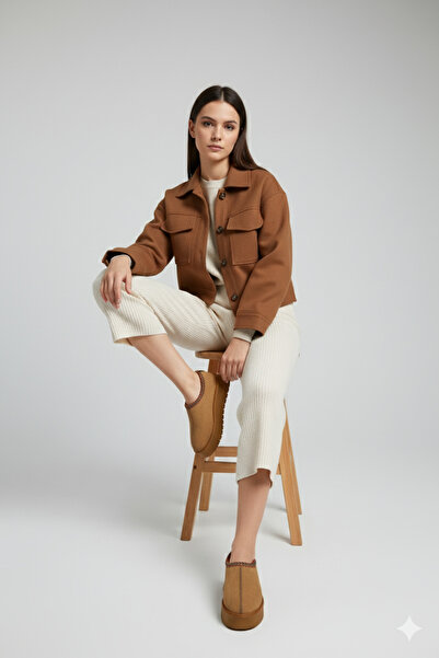 Deniz Terlik Women's Brown Fur-Lined Thick Sole Slippers |   Home and Outdoor Boots |   Platform Slippers