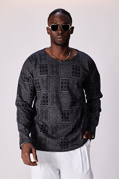 Superbluemexico Unisex Jacquard Patterned Long Sleeve Tshirt