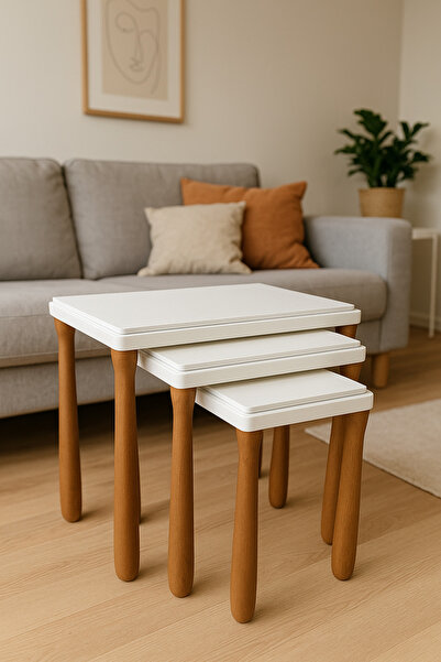 CG HOME Alvin Bohem Sehpa Zigon Sehpa Üçlü Lüx Ağaç Lake Boyalı Sehpa Ceviz